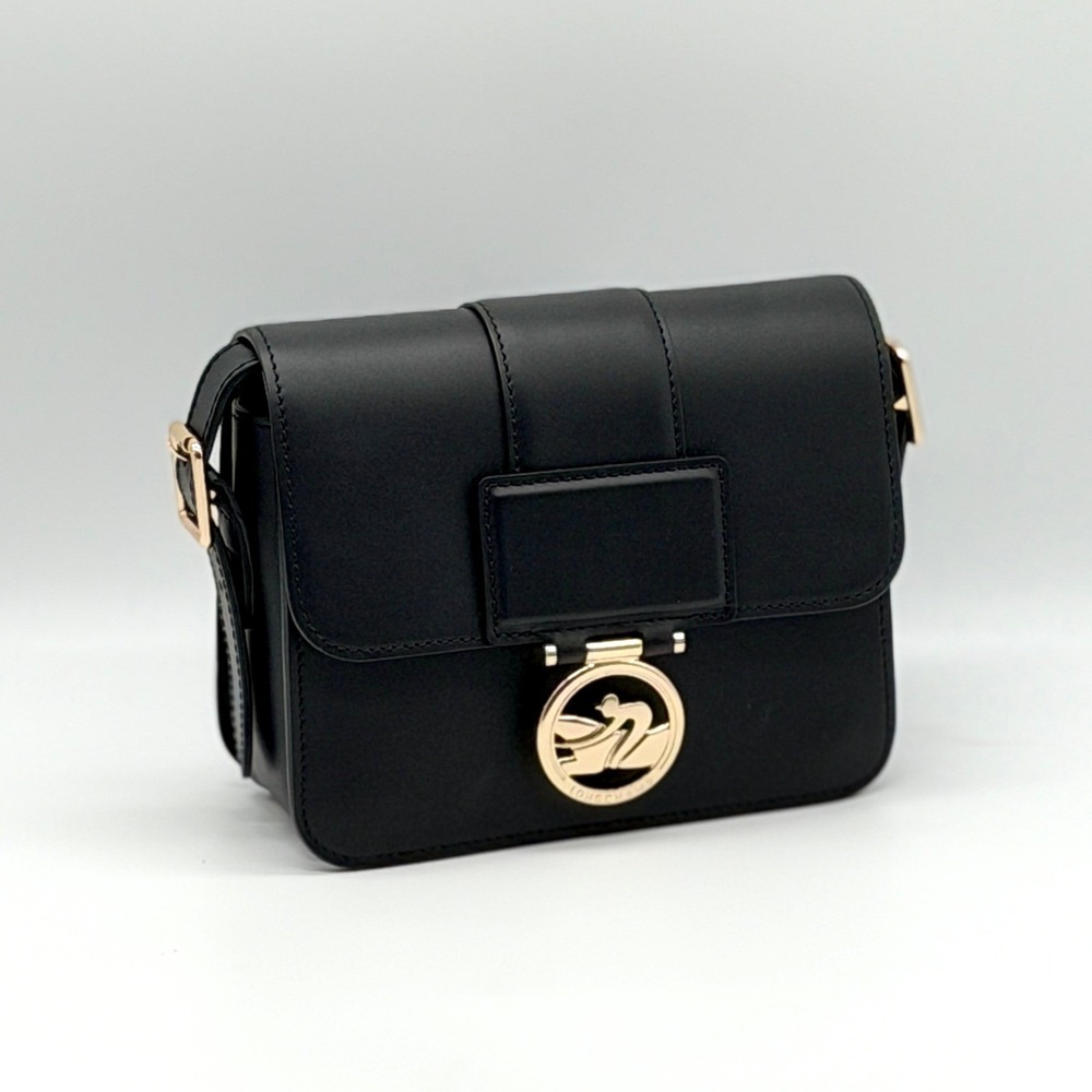 LONGCHAMP Box-Trot Leather Crossbody Bag Black Gold Medallion Flap Classic Small